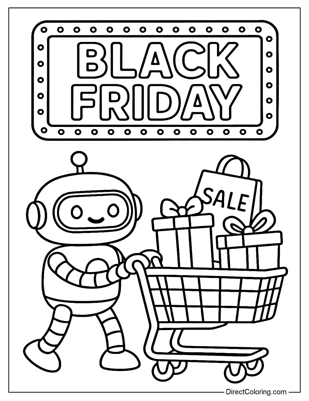 A coloring page of a cute robot pushing a shopping cart, with gift boxes and SALE bags in the cart.