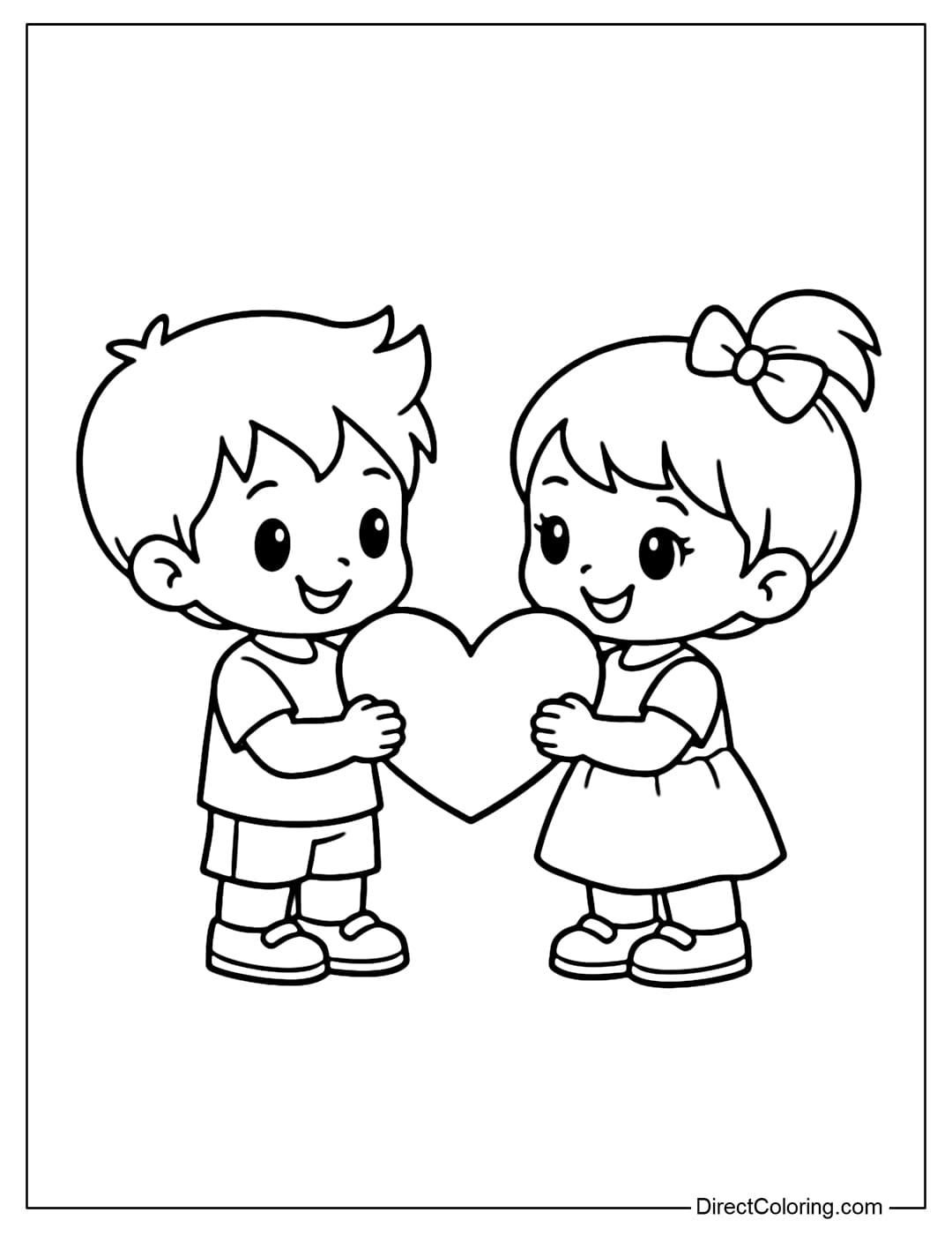 A coloring page of two little characters holding a heart, standing opposite each other with friendly smiles.