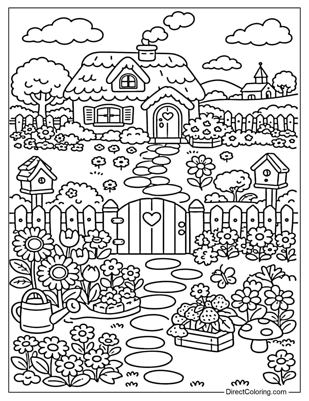 Coloring page of a large village garden with flowers and a fence surrounding a house.