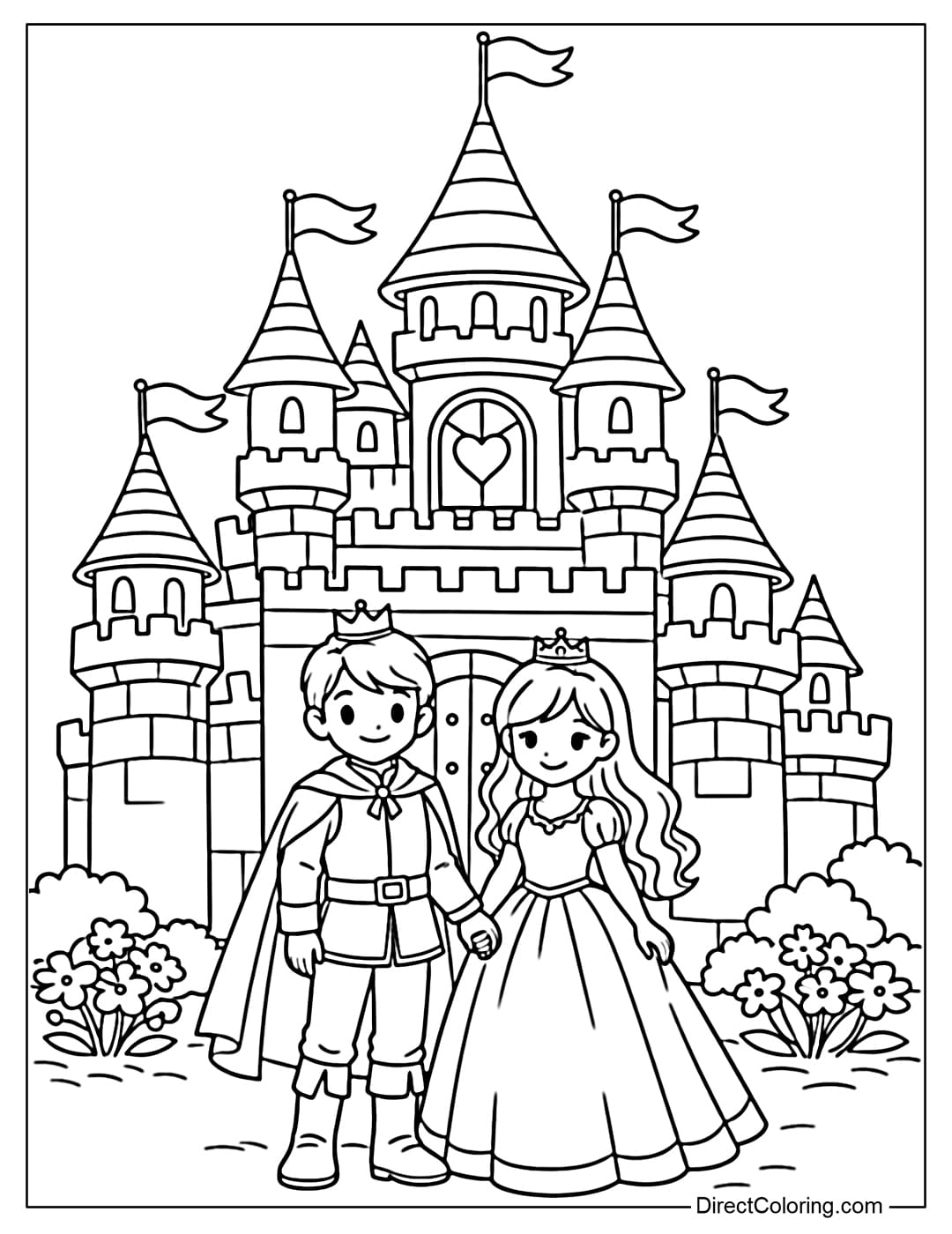 Coloring page of a fairy tale castle with a prince and princess standing in front of a large gate.