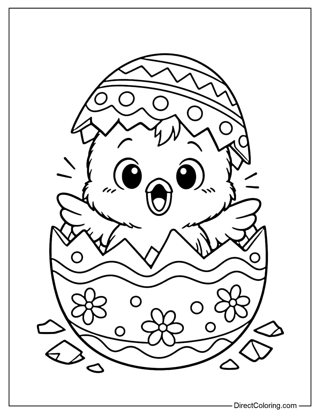 A coloring page of a chick hatching from a cracked Easter egg, with a cute surprised expression.