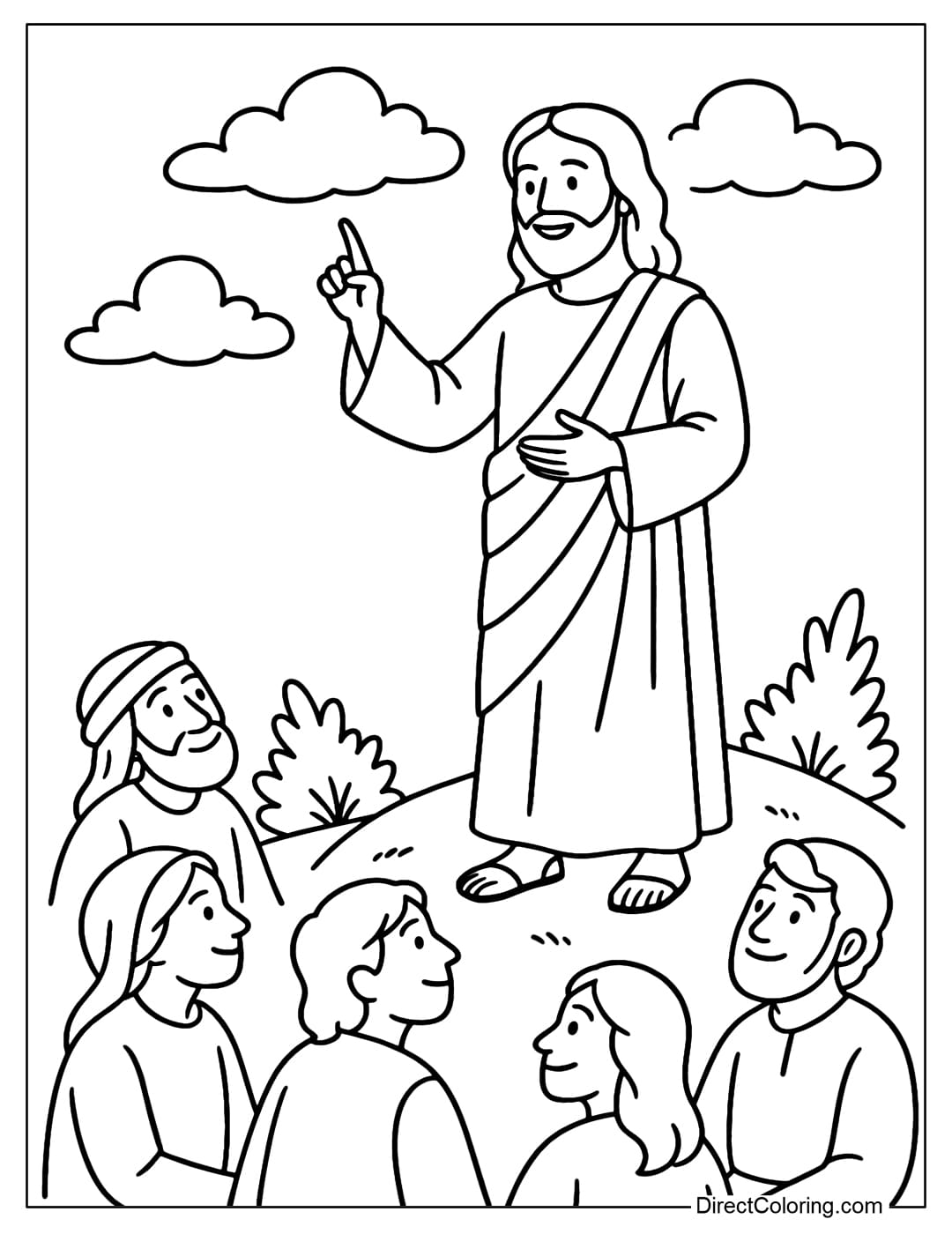 Jesus Coloring Page standing on a small hill, teaching in hand, below is a group of people sitting and listening.