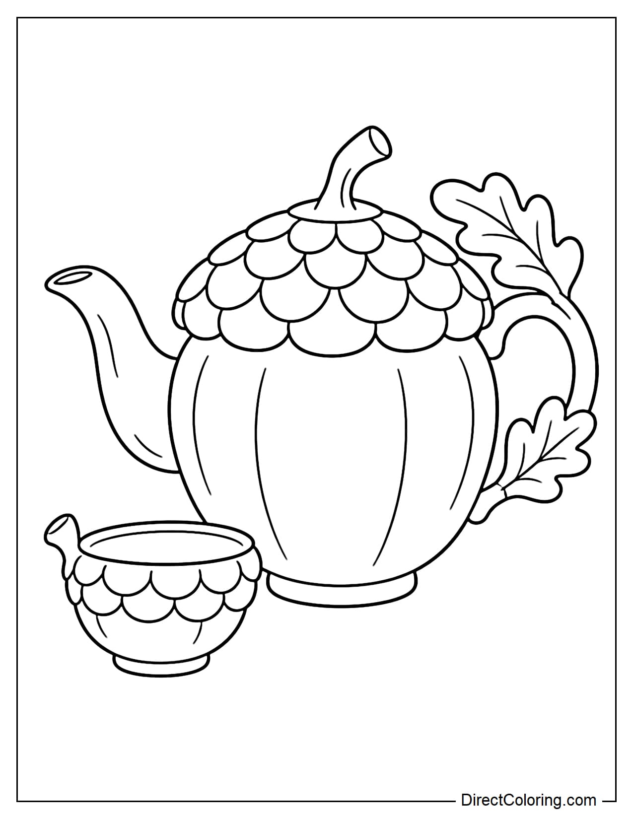 A whimsical teapot shaped like a large acorn, with the acorn cap forming the lid, a gently curved spout on one side, and a handle shaped from a curved oak branch with a leaf.