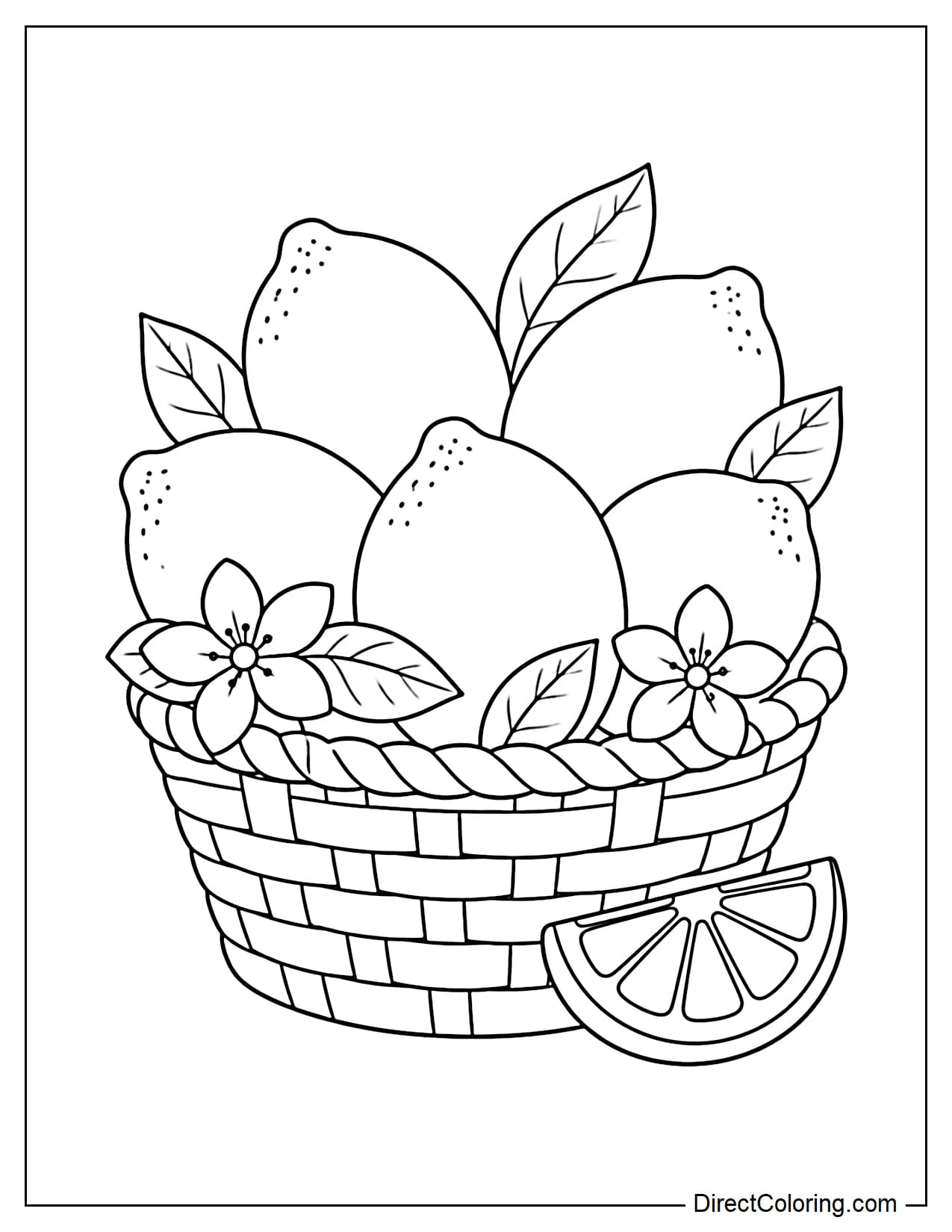 A simple woven basket containing five large lemons, interspersed with a few leaves and two lemon blossoms, with a slice of lemon placed next to the basket.