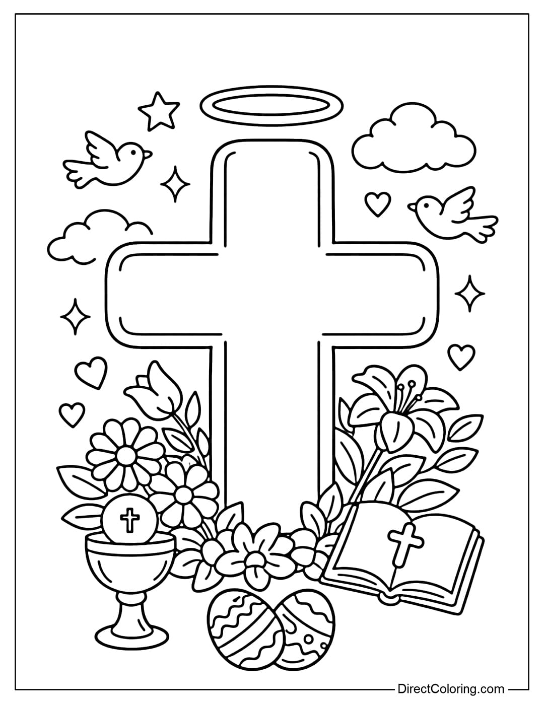 A coloring page of a large cross with a halo above, surrounded by Easter symbols such as a flying dove, a chalice with consecrated bread, a Bible with a cross, and Easter eggs.