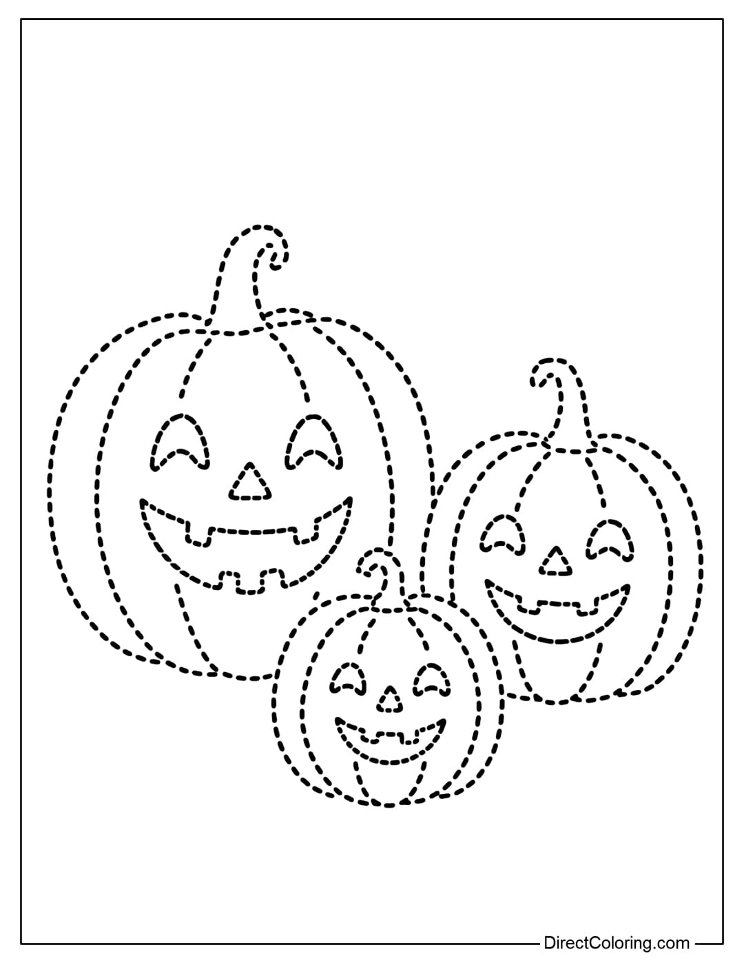 A family tracing color page of three pumpkins smiling happily.
