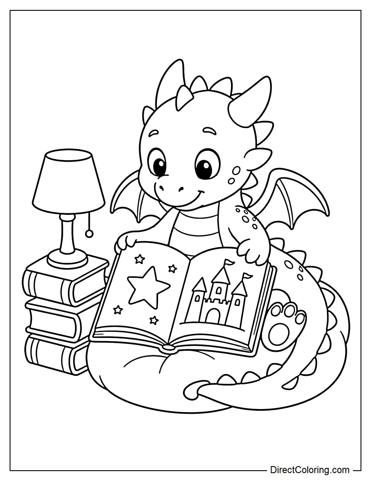 A small dragon is sitting and reading a large open storybook. On the pages are a star and a castle, and beside it are a lamp and a few thick books.