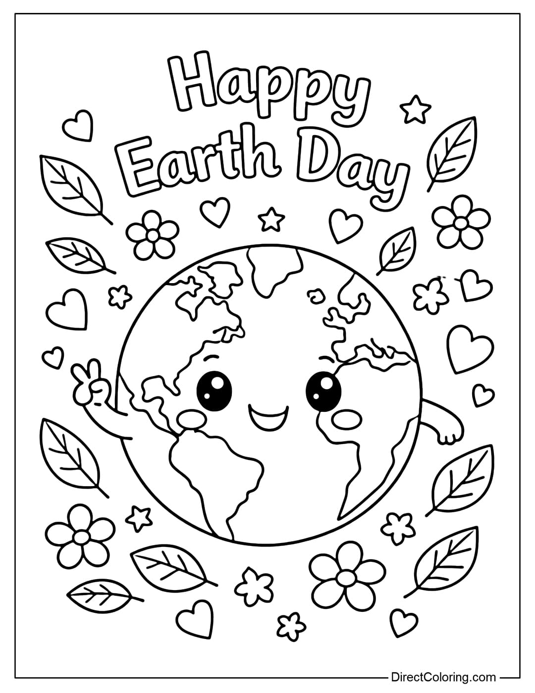 A coloring page featuring a cute cartoon Earth with the words 