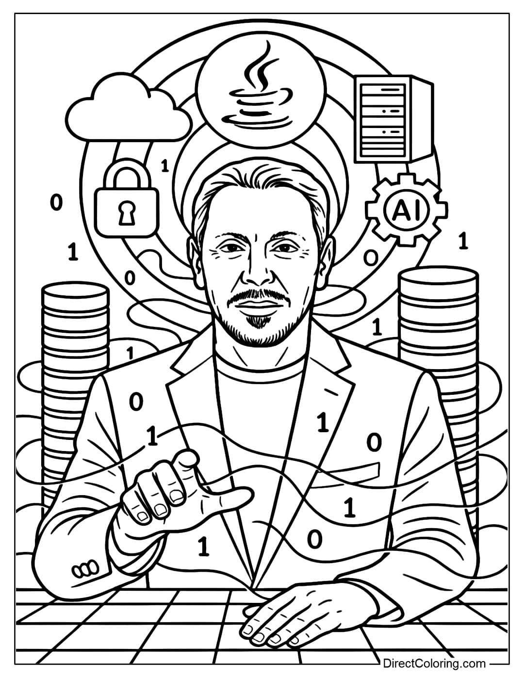 Larry Ellison and the World of Data Coloring Page Larry Ellison portrait coloring page in the center of the picture, his face confident and his eyes determined. Behind him is a halo of technology.
