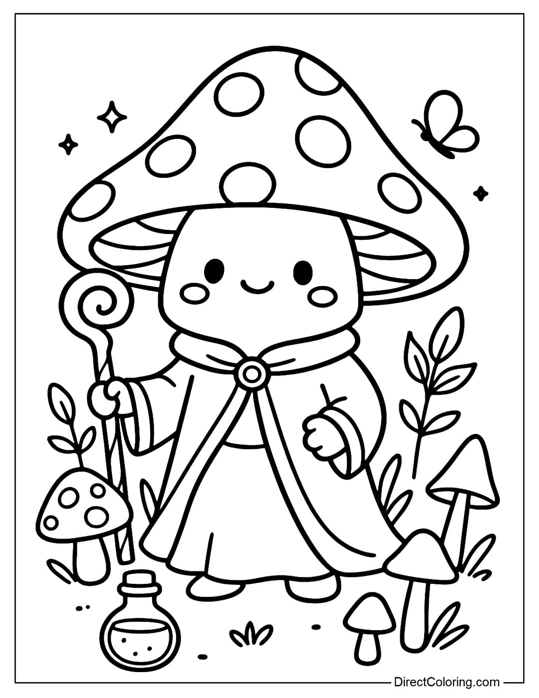Magical Mushroom Wizard Coloring Page A coloring page of a mushroom wizard holding a magic wand, wearing a big mushroom hat, surrounded by potions and small mushrooms.