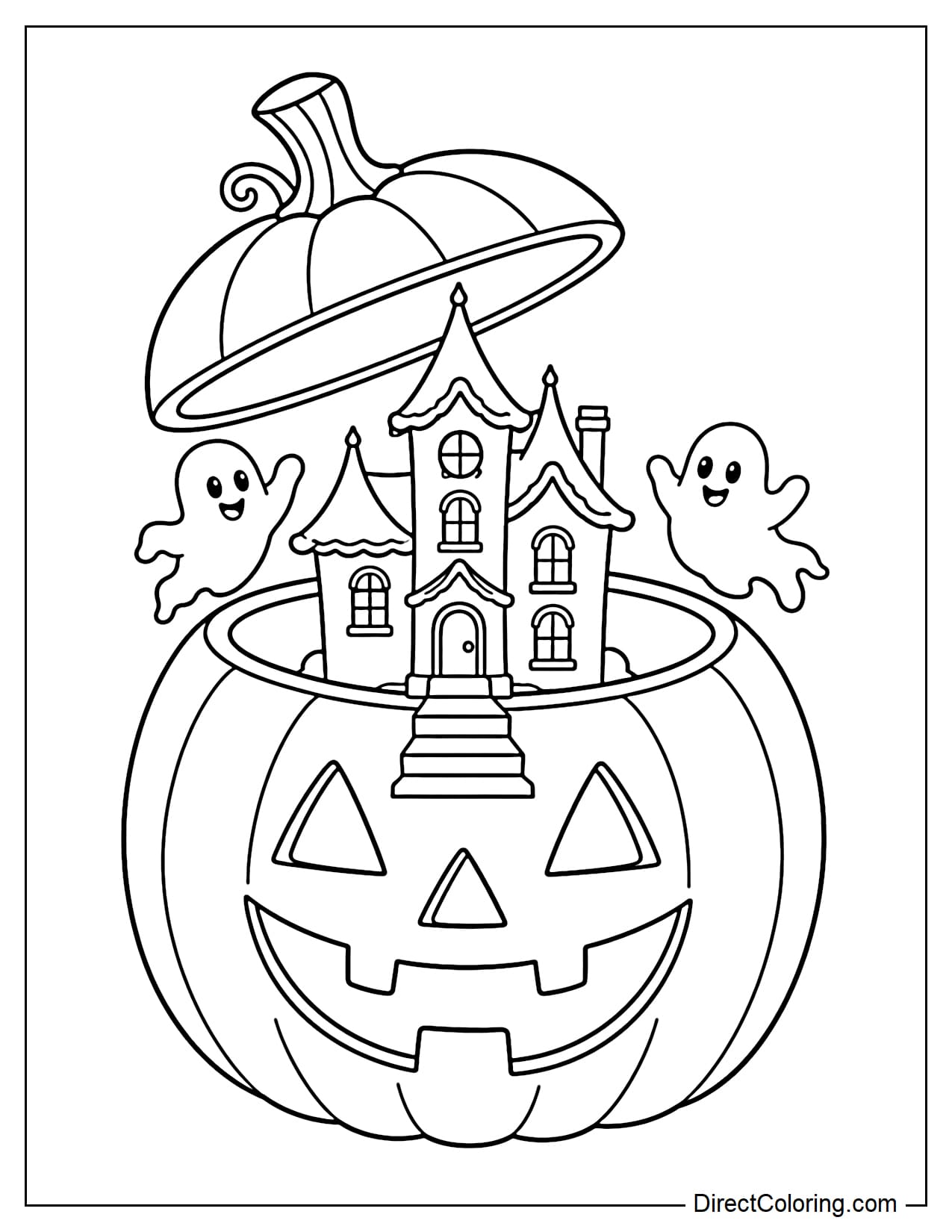 A giant jack-o'-lantern sits with its lid open, revealing a tiny multi-story haunted house inside with pointed roofs and a small staircase leading out. Two little ghosts float around the pumpkin opening.