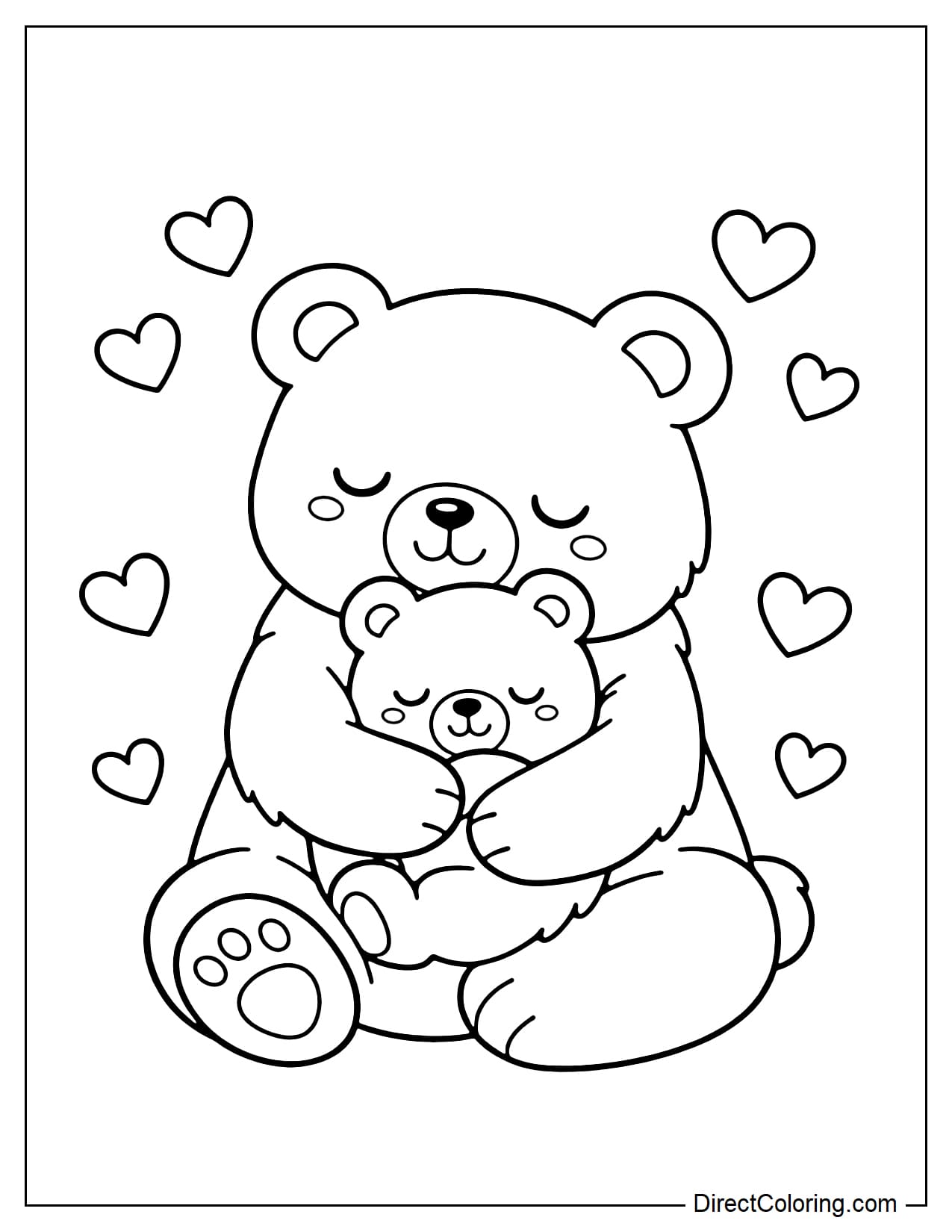 A bear mom hugging a baby bear, surrounded by a few small hearts.