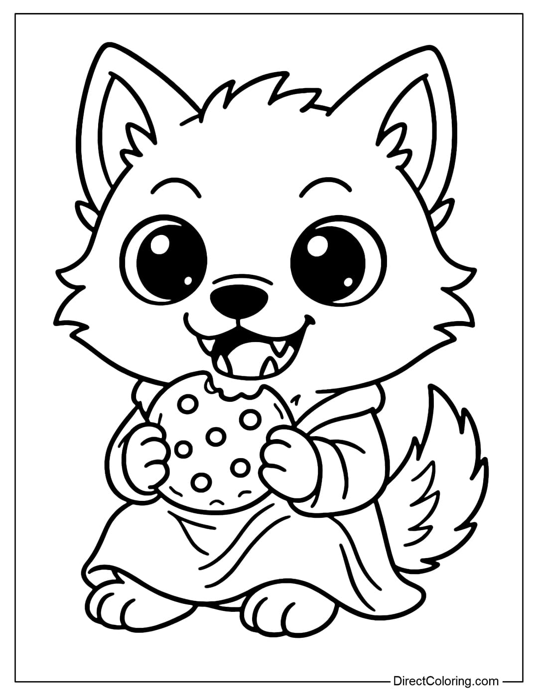 Chubby chibi werewolf coloring page, big sparkling eyes, cute fangs, holding cookies.