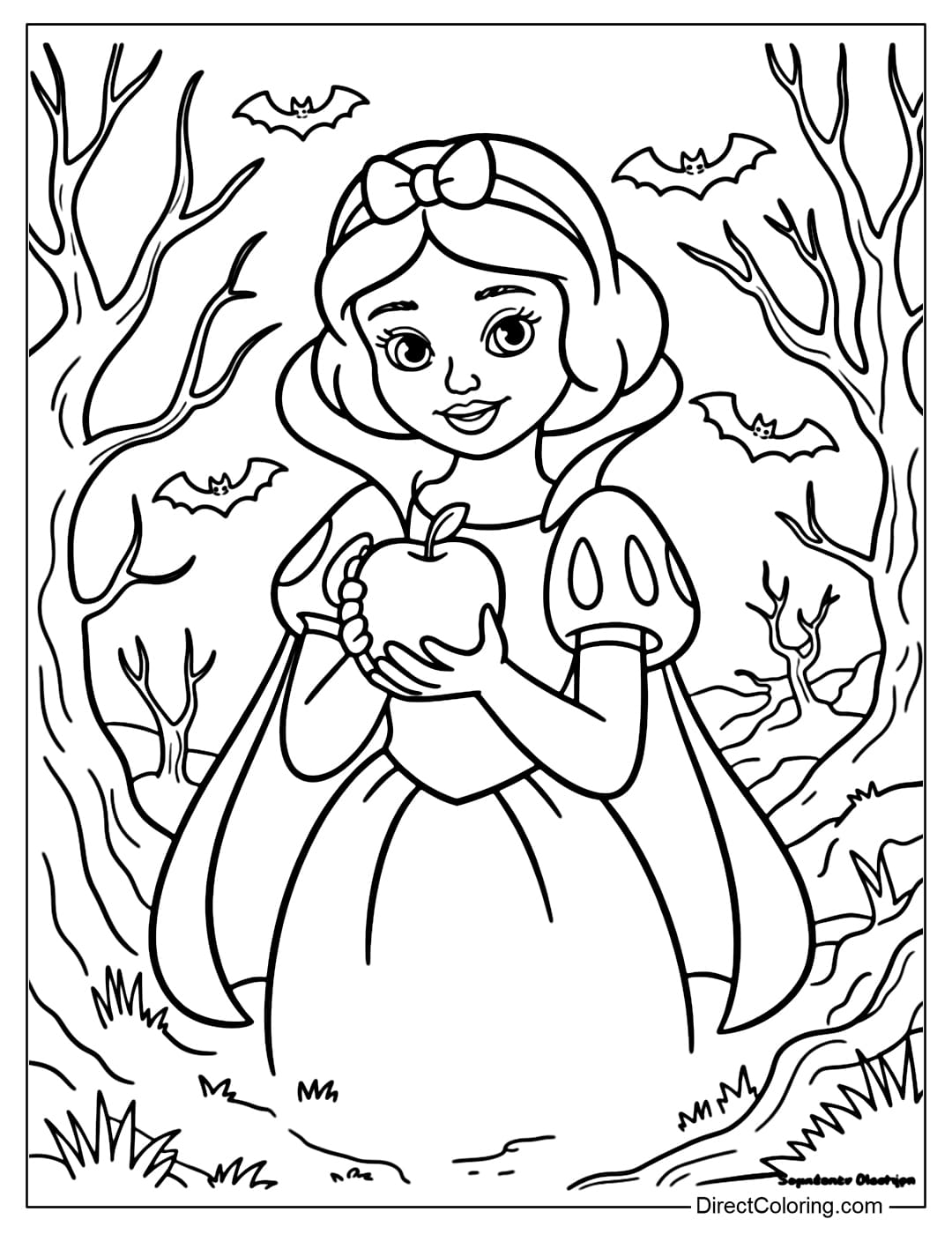 Coloring page Snow White holding a glowing haunted apple in a dark forest, surrounded by dry trees and flying bats.
