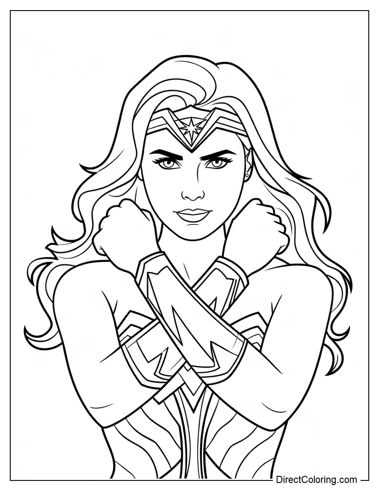 Wonder Woman faces forward with both arms raised in front of her chest, crossing her signature bracelets in a defensive pose.