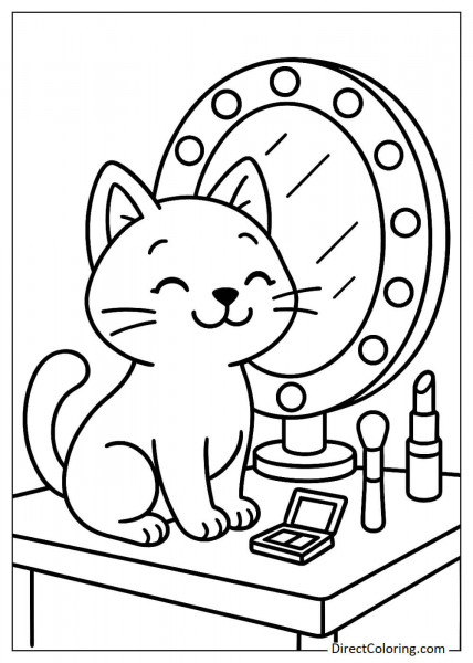 Cat sitting in front of a makeup mirror coloring page