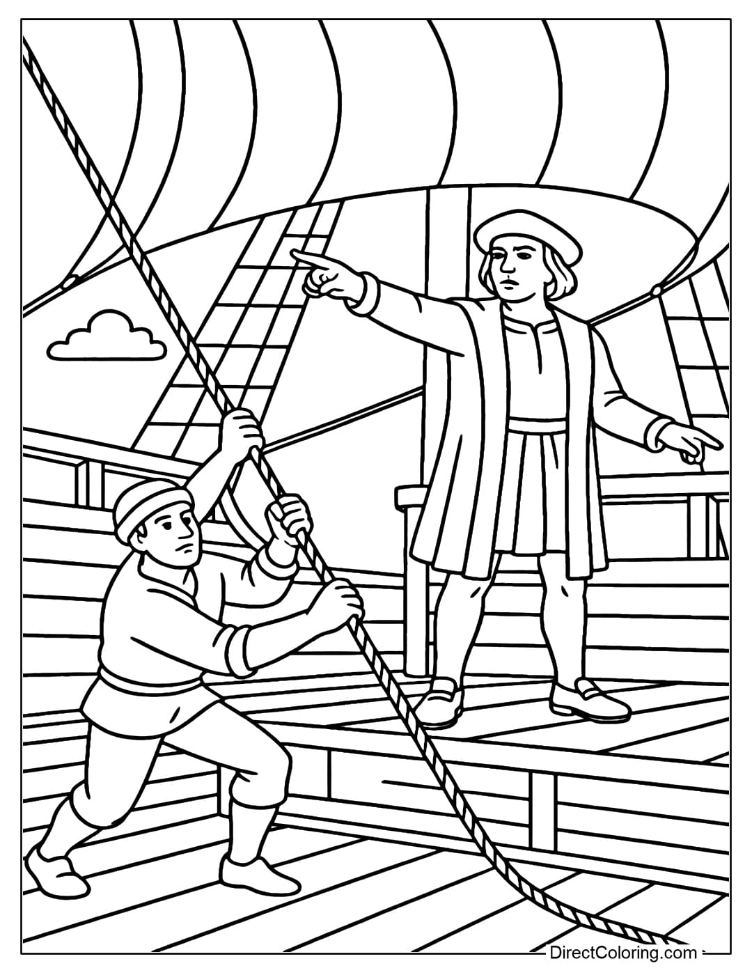 Coloring page of a sailor pulling the sail rope, Columbus standing in command on the deck.