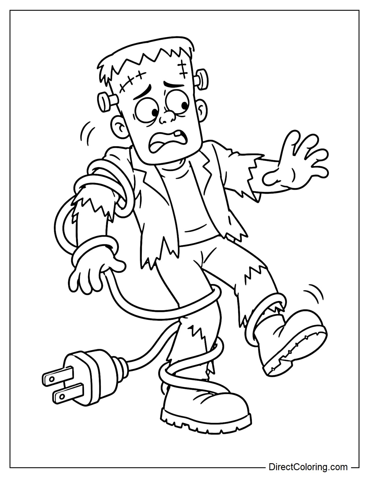 Frankenstein tries to walk while a large electric cord is tangled around one leg and one arm, with a big plug dragging behind him.