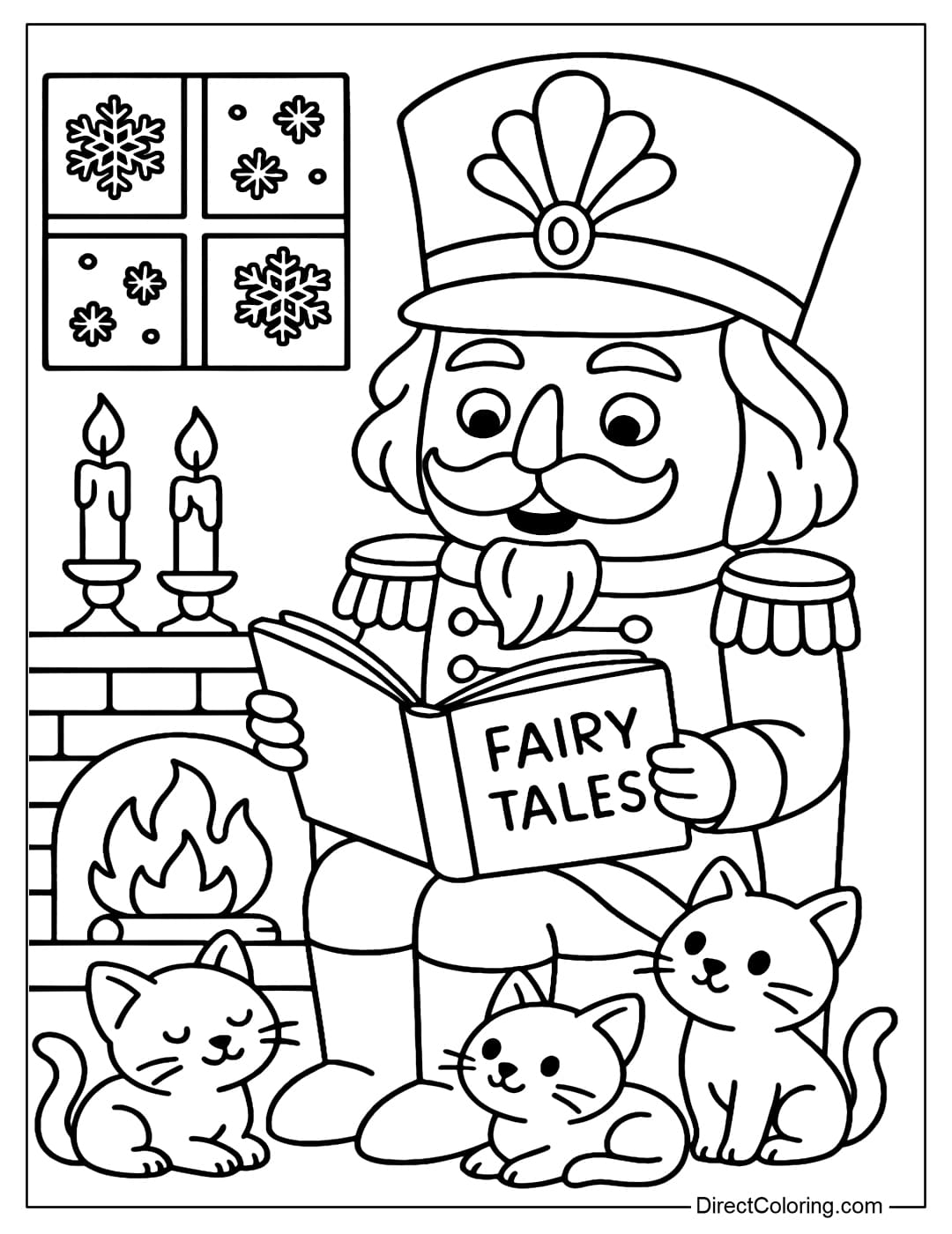 Coloring page of a Nutcracker sitting by the fireplace reading a fairy tale, surrounded by kittens.