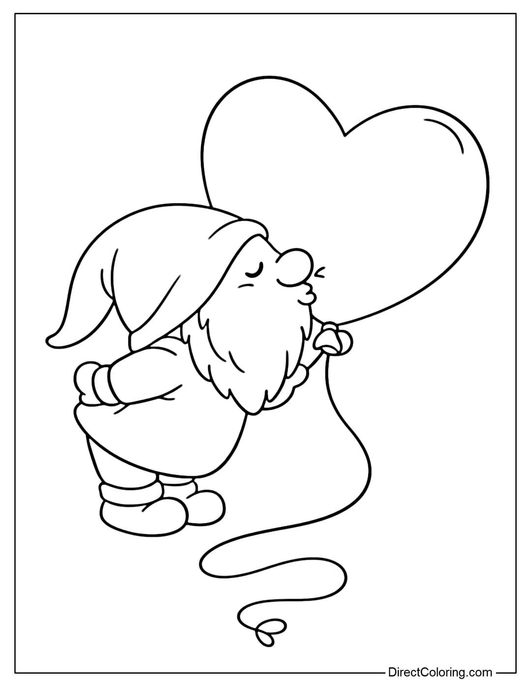 A coloring page featuring a gnome leaning over and gently kissing a large heart-shaped balloon.