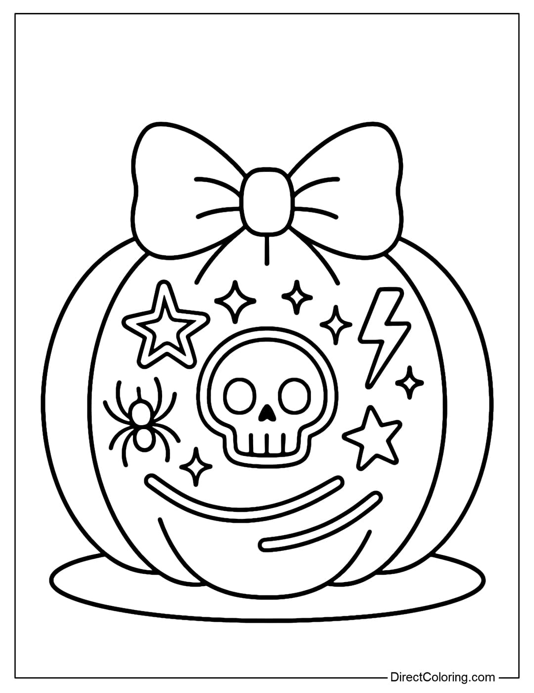 A Halloween pumpkin coloring page with skull, spider, star and lightning motifs, with a big bow on top.