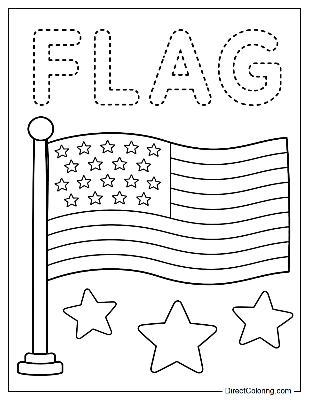 The word “FLAG” is in dotted lines for children to practice tracing, next to a simple American flag and a few large stars.