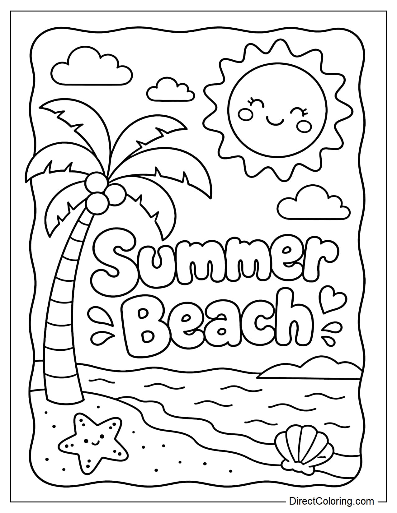 A tropical beach postcard design featuring palm trees, a large sun, and the simple bubble lettering 