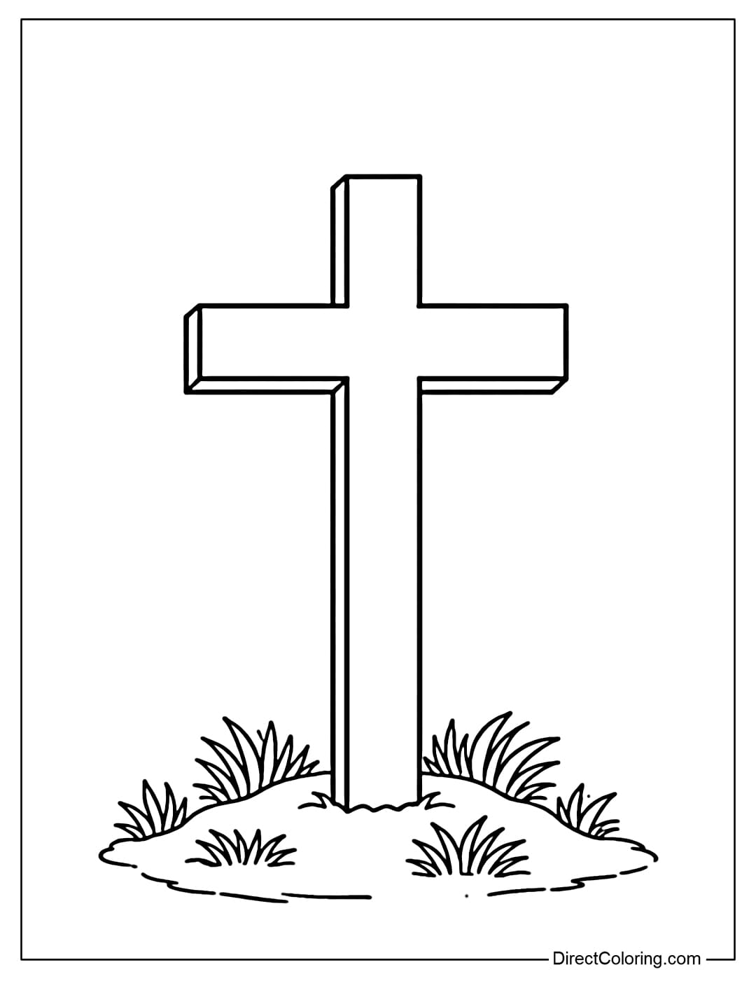 A coloring page of a simple cross placed on a small patch of grass.