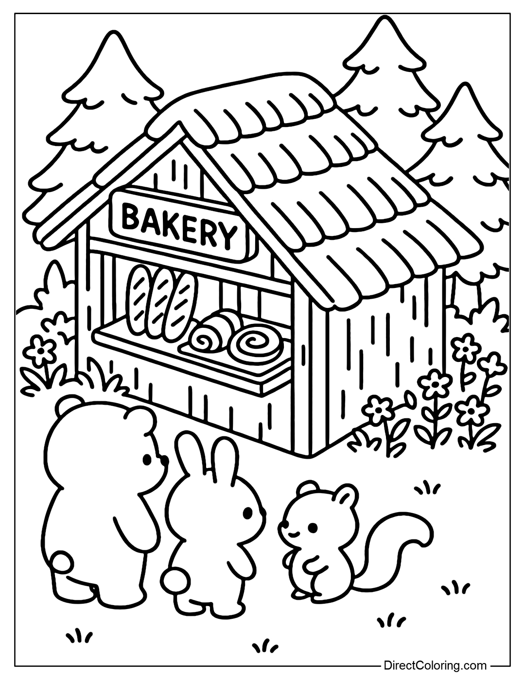 Coloring page of a bakery in the middle of an isometric forest, thatched roof; wildflower bushes on both sides; bear, rabbit, squirrels lining up; inside there are baguettes, cinnamon rolls on a wooden shelf.