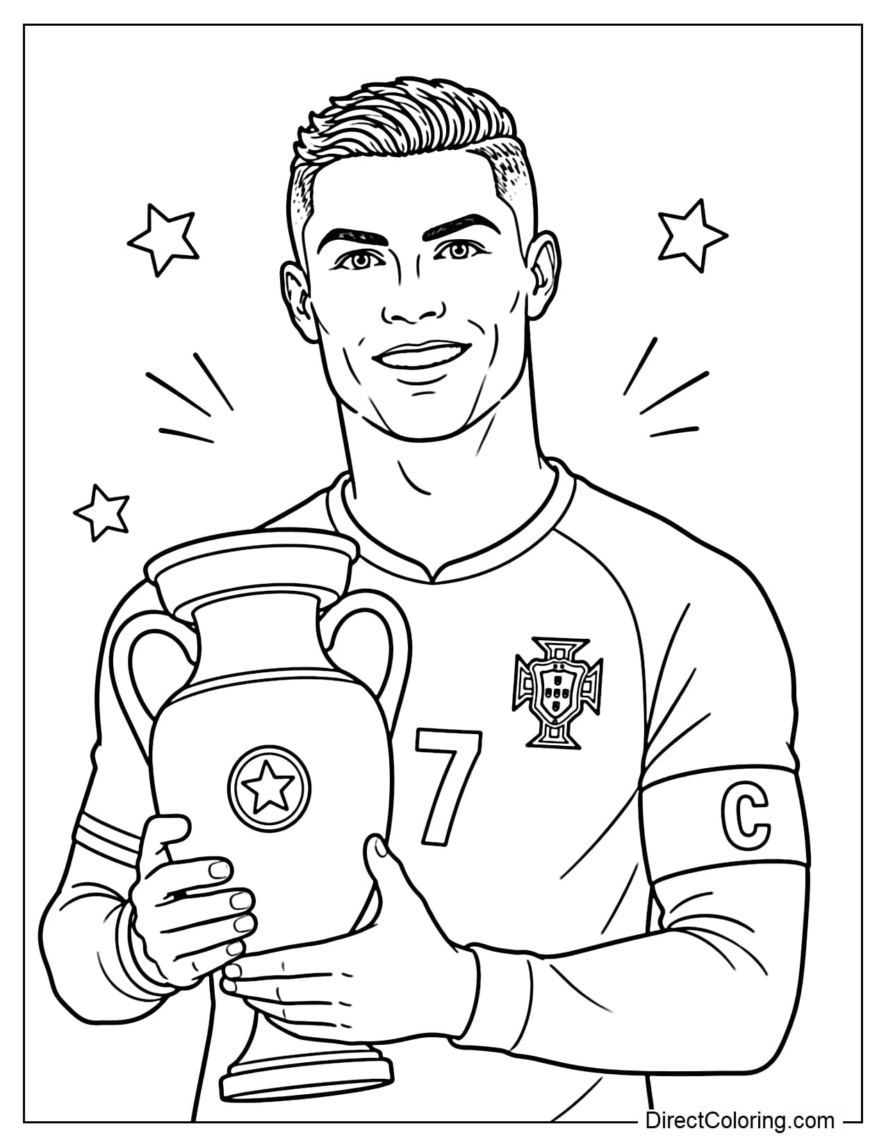 Cristiano Ronaldo holds the championship trophy to his chest, standing confidently.
