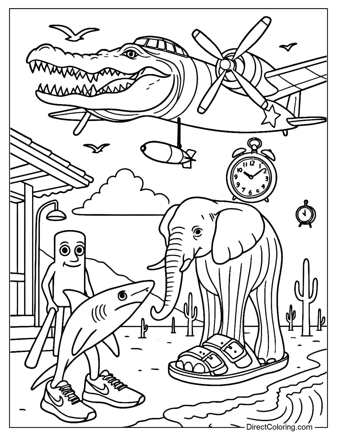 Coloring page of a mixed Italian Brainrot creature Trippa Troppa Tralala Lirili Rilà Tung Tung Sahur Boneca Karkerkur Tung Tung Tralalelo Trippi Troppa Karkerkur.