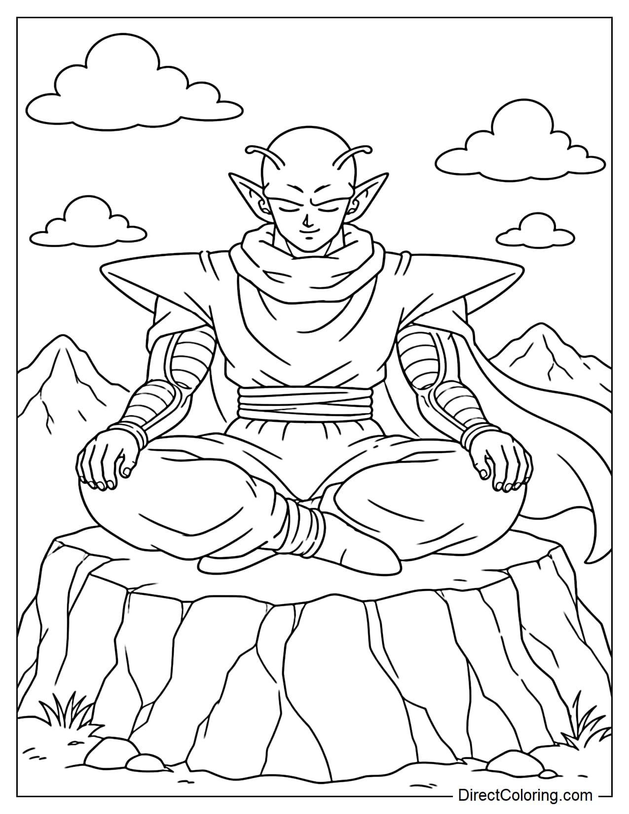 Piccolo is meditating on a large rock, his robe fluttering gently to one side, with clouds and mountains behind him.
