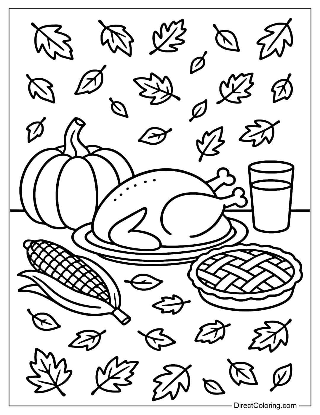 A Thanksgiving table coloring page with a roast turkey, pumpkins, corn, apple pie, and a glass of juice.