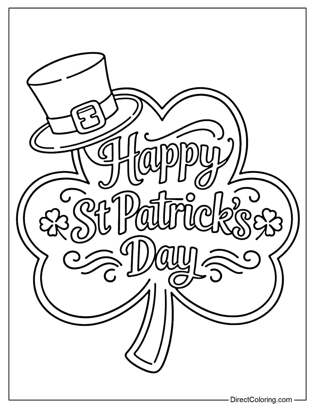 Coloring page for a large shamrock badge with a green hat placed on top, and the words 