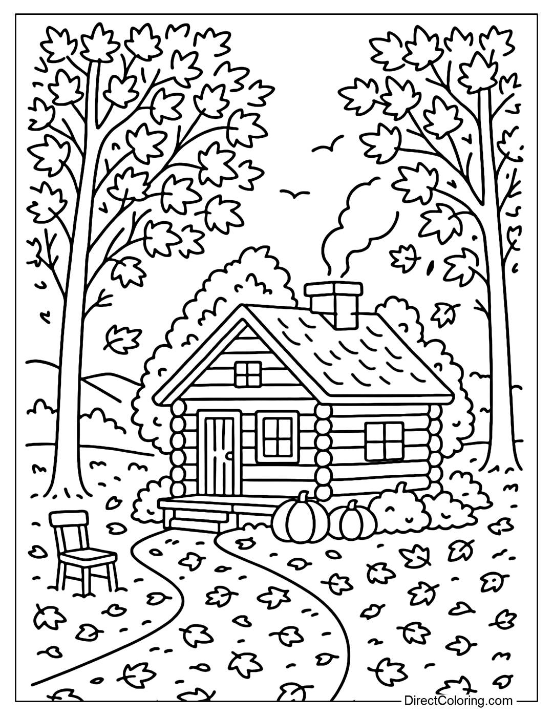 A coloring page of a small wooden house in the middle of a forest of yellow leaves in September. The house has a sloping roof, the chimney emits light smoke, surrounded by red-orange maple trees.