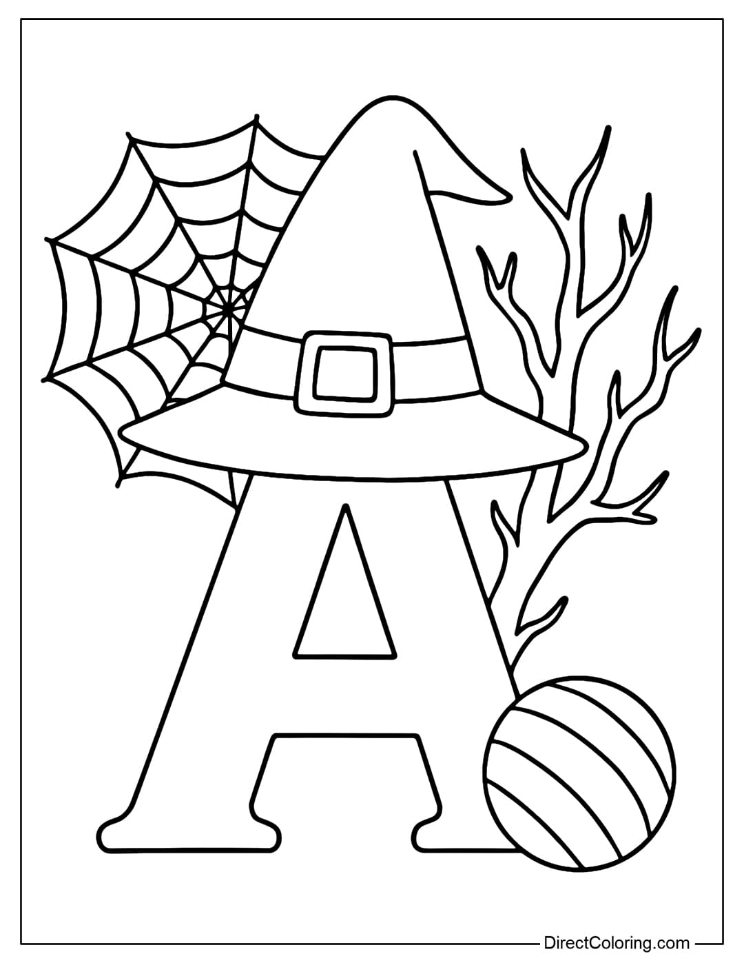 Letter A coloring page wearing a large witch hat, surrounded by spider webs and striped Halloween balls. A dry tree branch behind.