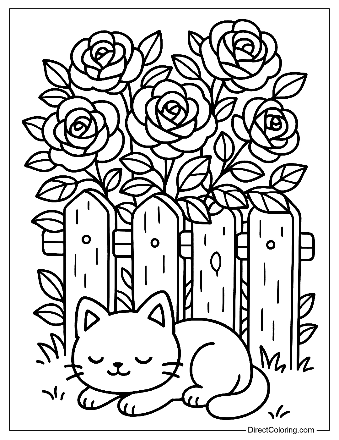 A white wooden fence coloring page covered with blooming roses, with a little cat lying in the sun underneath.