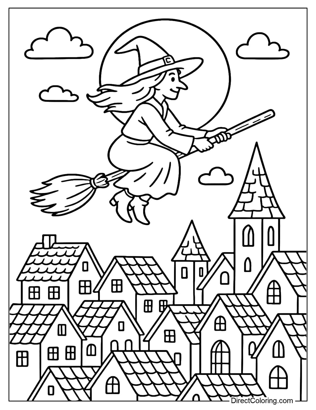 A coloring page of a witch flying on a broom over an ancient village with a simple tiled roof, bright moon.