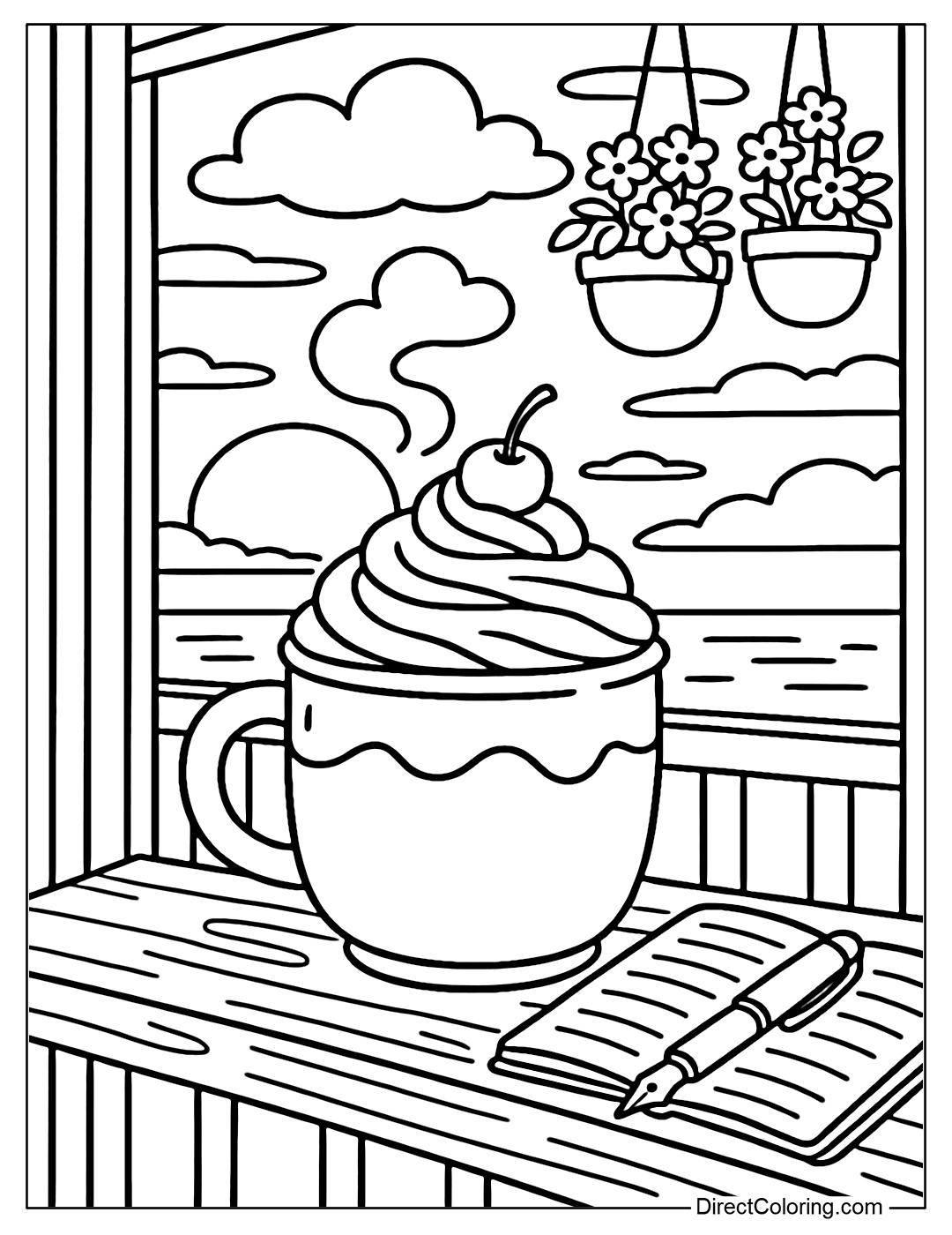 A chocolate cup coloring page with a layer of whipped cream swirled on the mouth, on top is a cute cherry, the steam rises to form a fluffy cloud.