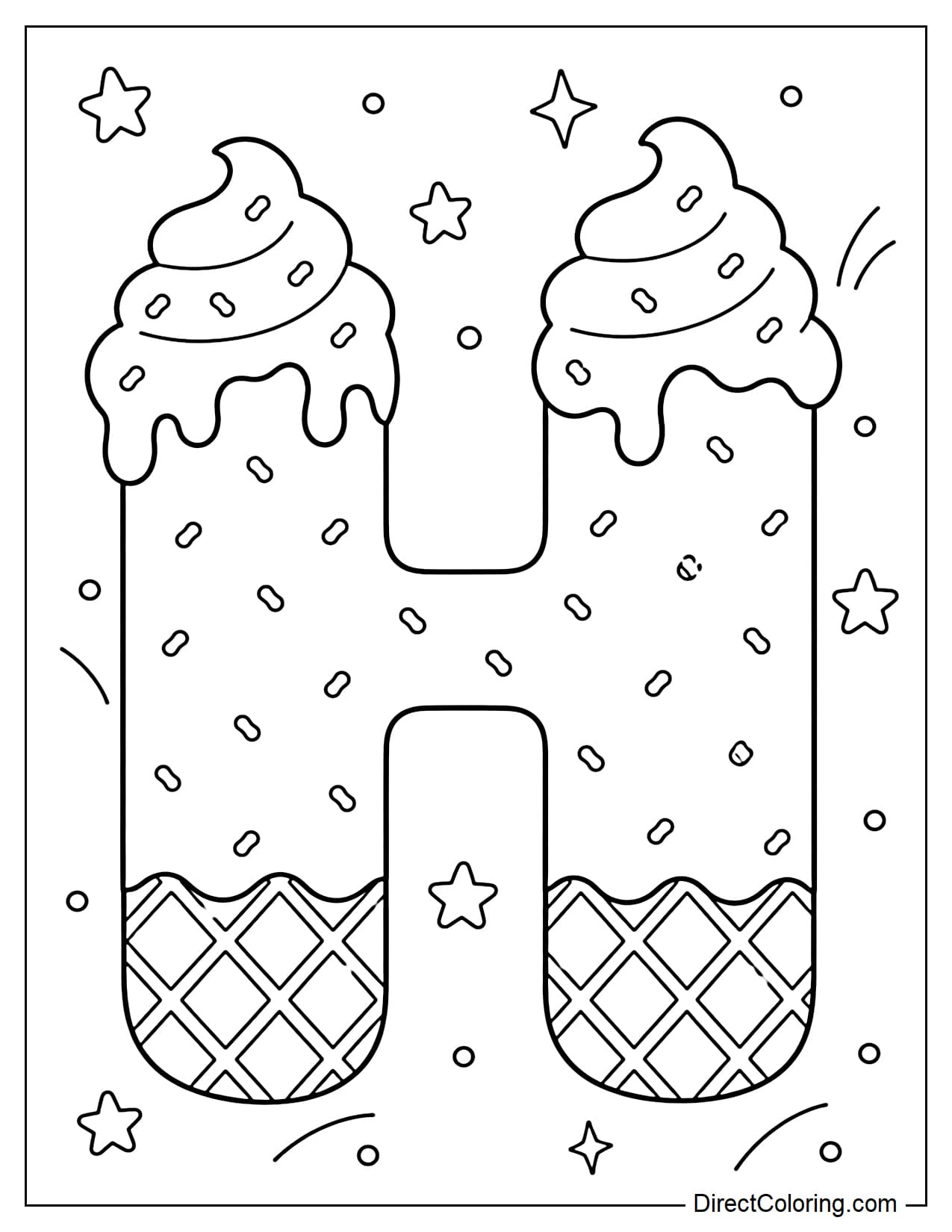 A large, bubble-shaped uppercase H made from soft serve ice cream, with a light, melting cream topping. The entire letter is sprinkled with tiny sprinkles, and the base has a waffle texture. It's surrounded by small stars and dots.