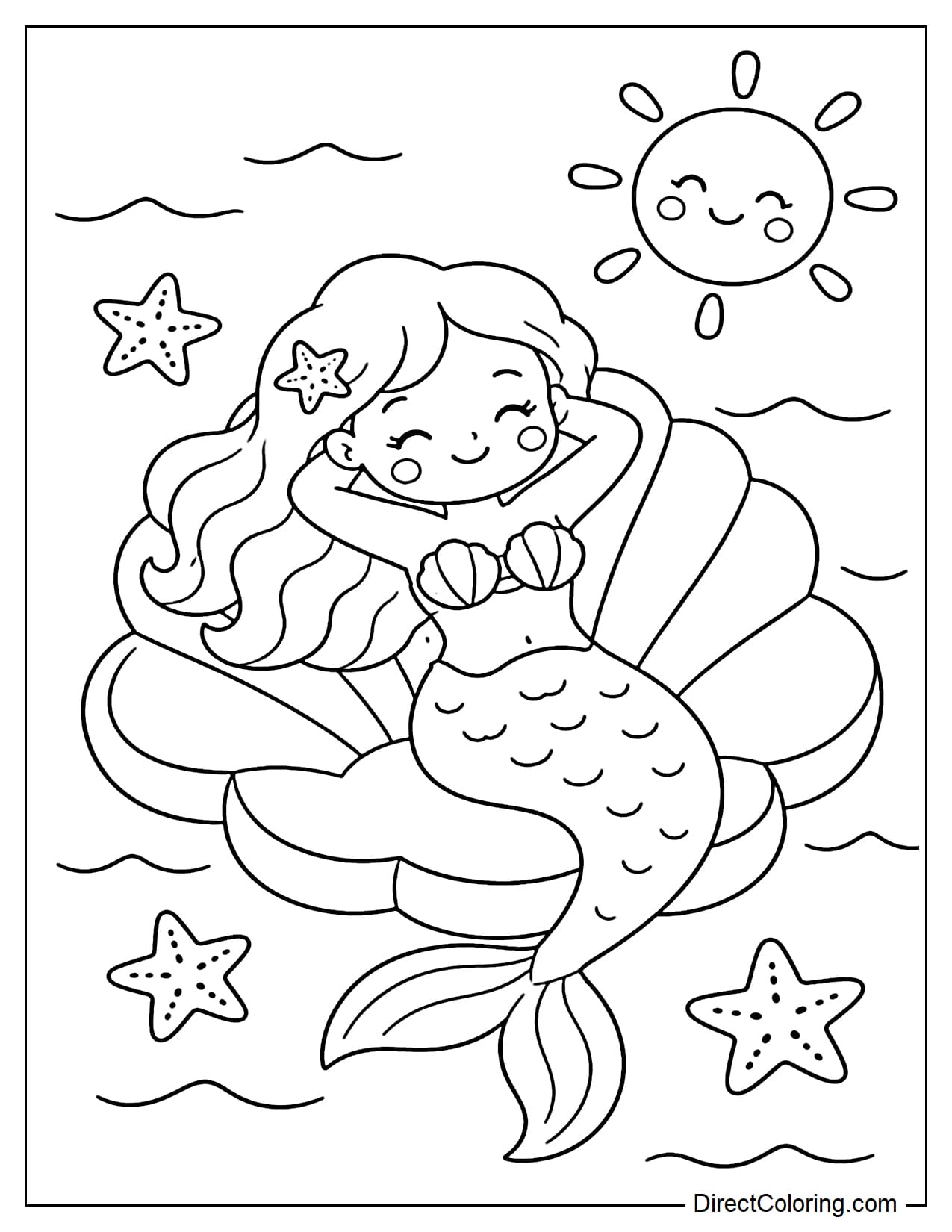 A mermaid relaxing on a seashell-shaped float in the ocean, surrounded by starfish and a few rays of summer sunshine.