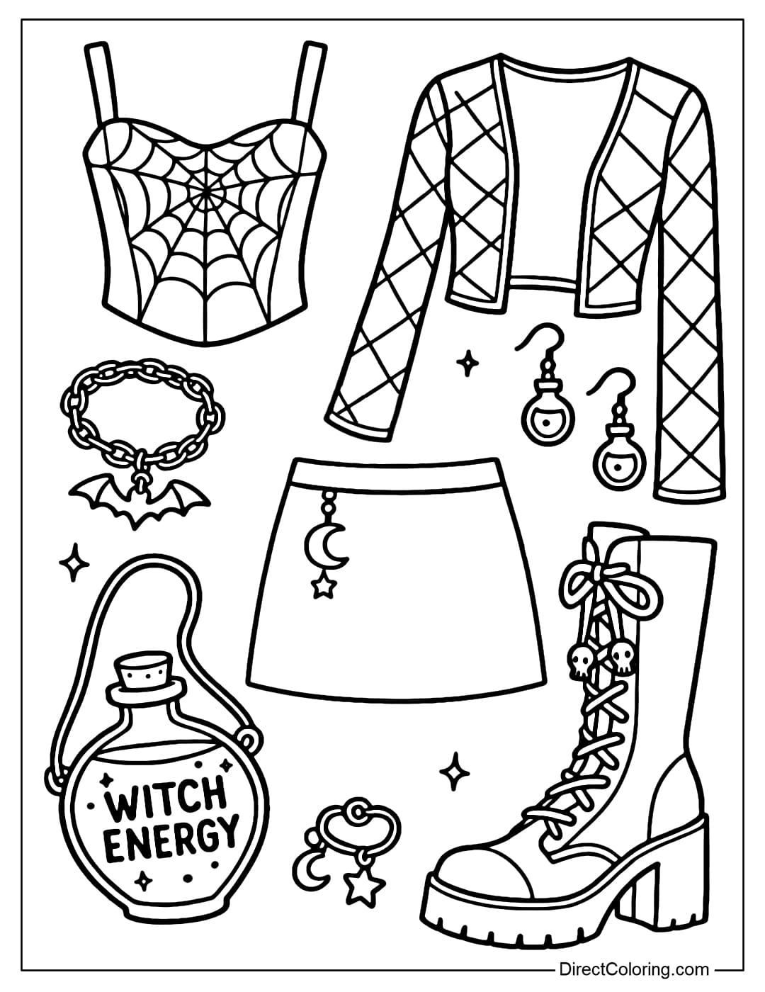 A modern witchcore outfit coloring page with Y2K elements, including a spider web print corset, a lace mini skirt with moon and star charms, a long-sleeved sheer mesh jacket, and skull ribbon high-top boots.