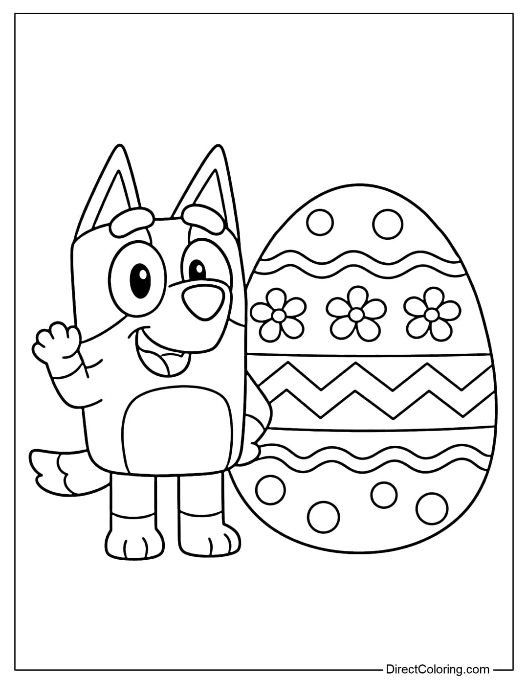 Bluey is sitting next to an Easter egg.