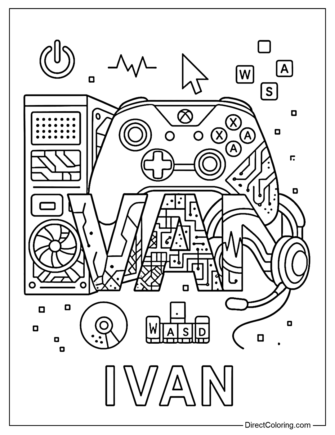 Ivan name coloring page with each letter creatively designed using Xbox and PC gaming elements like controllers, computer cases, keyboard keys and gaming headsets