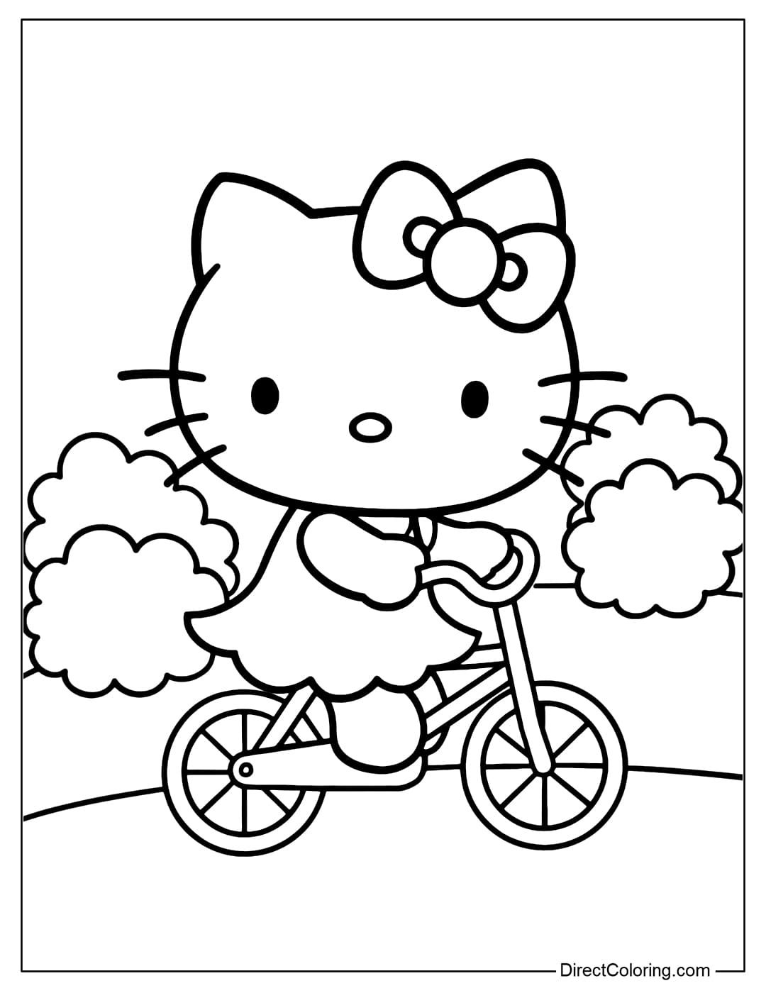 Hello Kitty coloring page wearing a light summer-style flared skirt, cycling in the park, with many big round bushes.