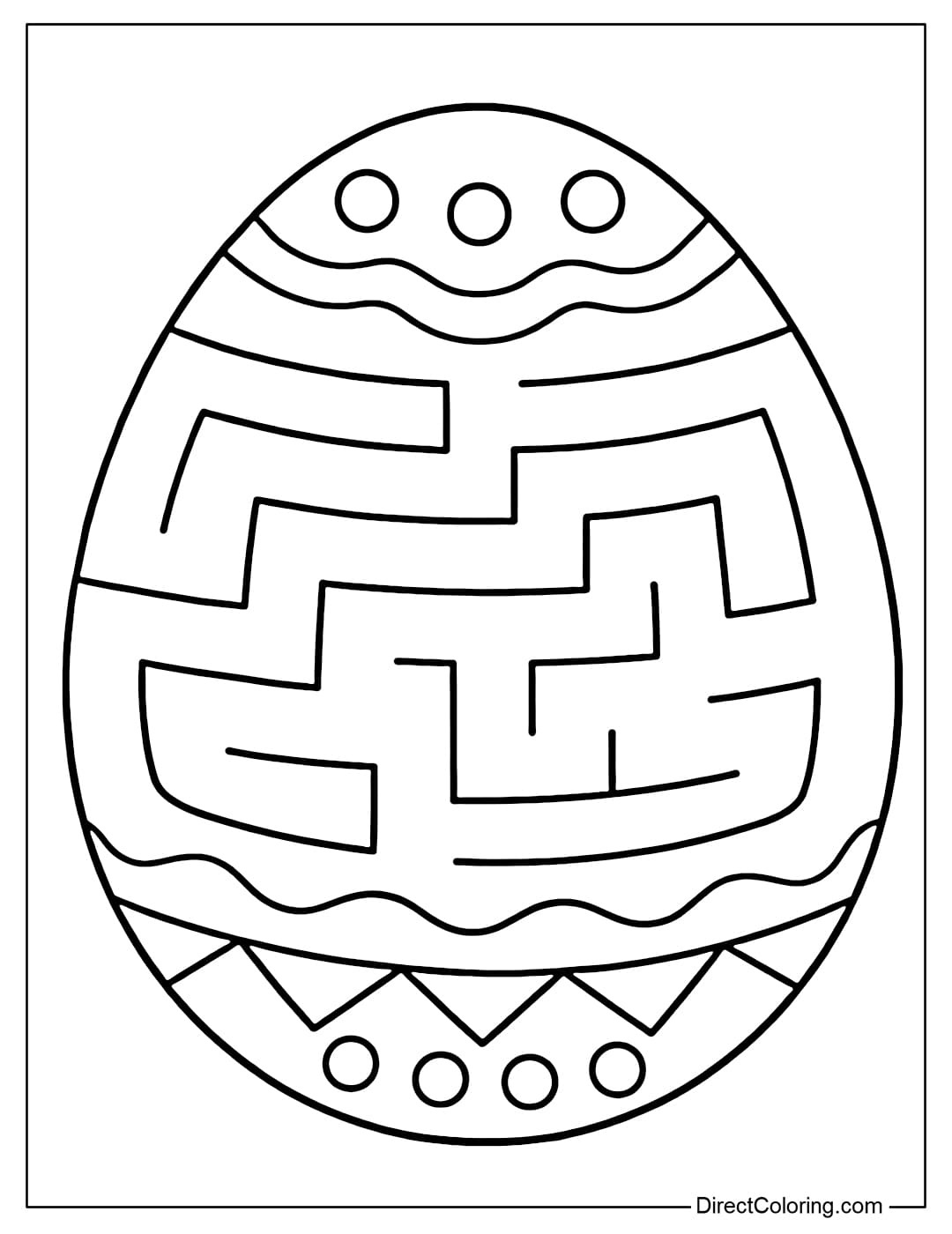 An Easter egg coloring page with a simple maze inside.