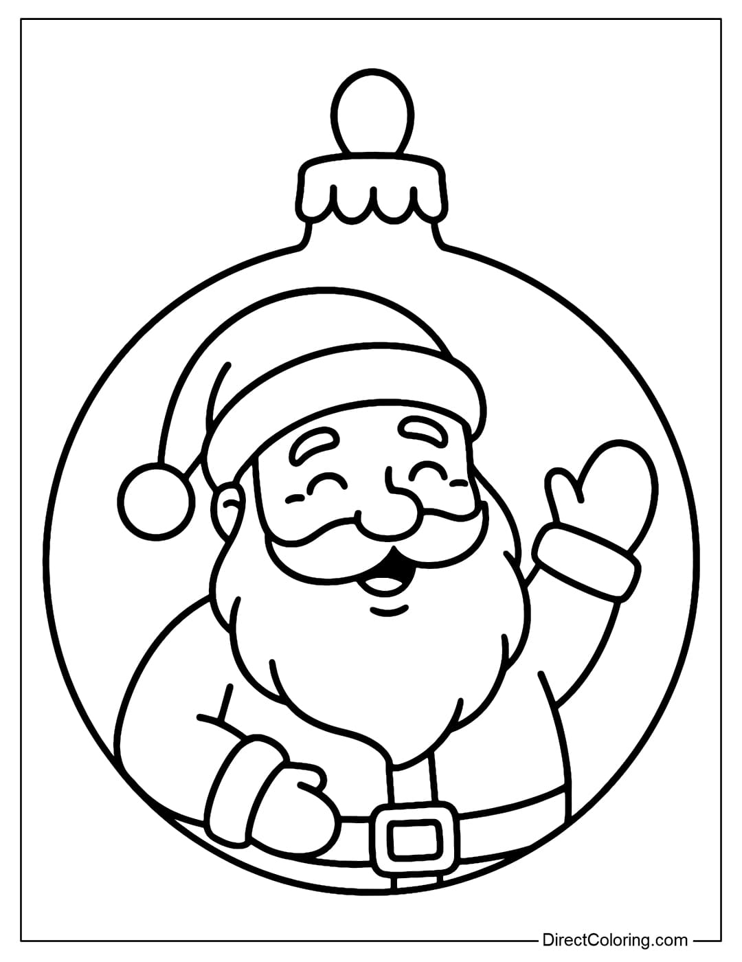 A bauble coloring page with a smiling Santa Claus, his kind face is in a round ball with a string.