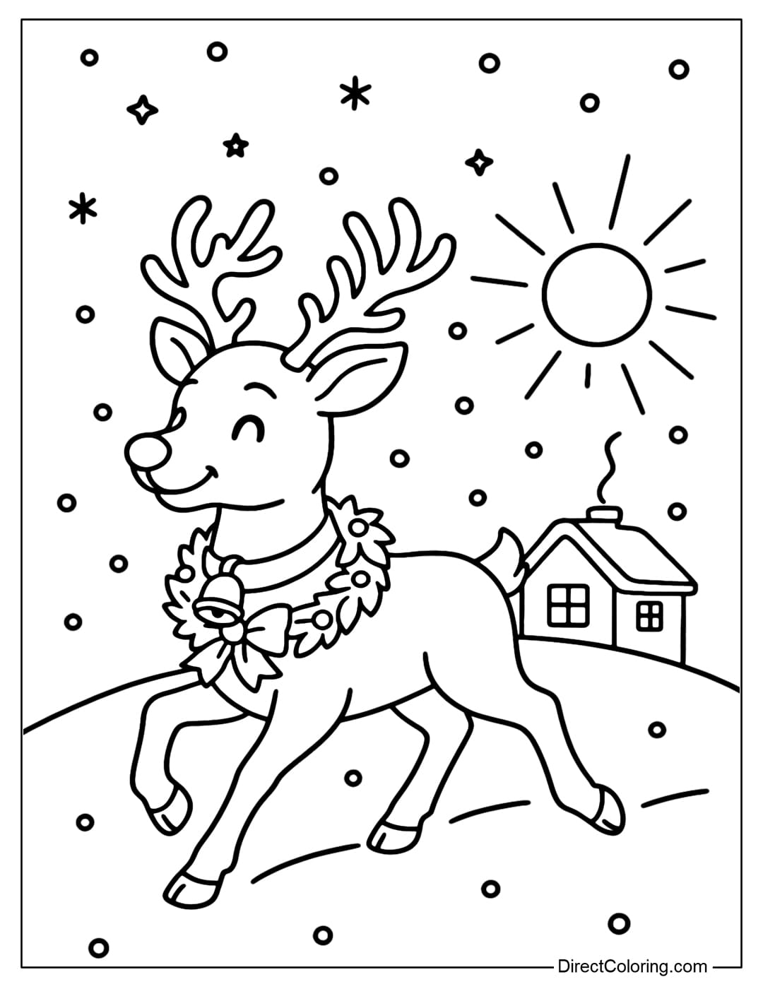 Christmas Eve Reindeer Coloring Page Coloring page of reindeer running in the snow on Christmas Eve, wearing bells and wreaths.
