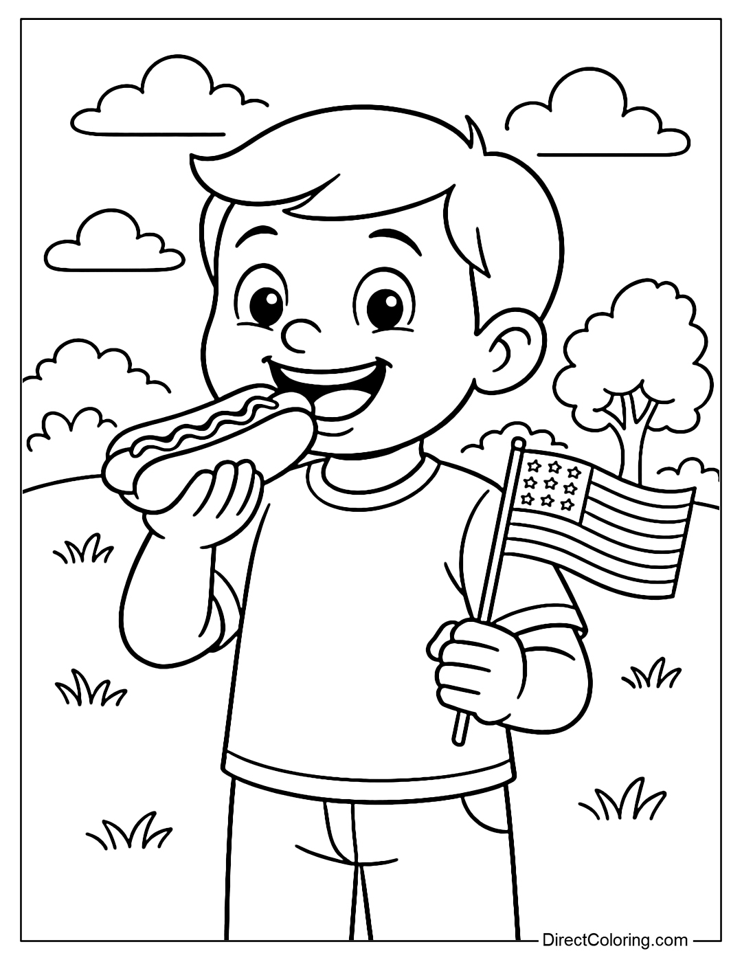 Coloring page of a child holding a hotdog and eating it in a park with a small American flag.