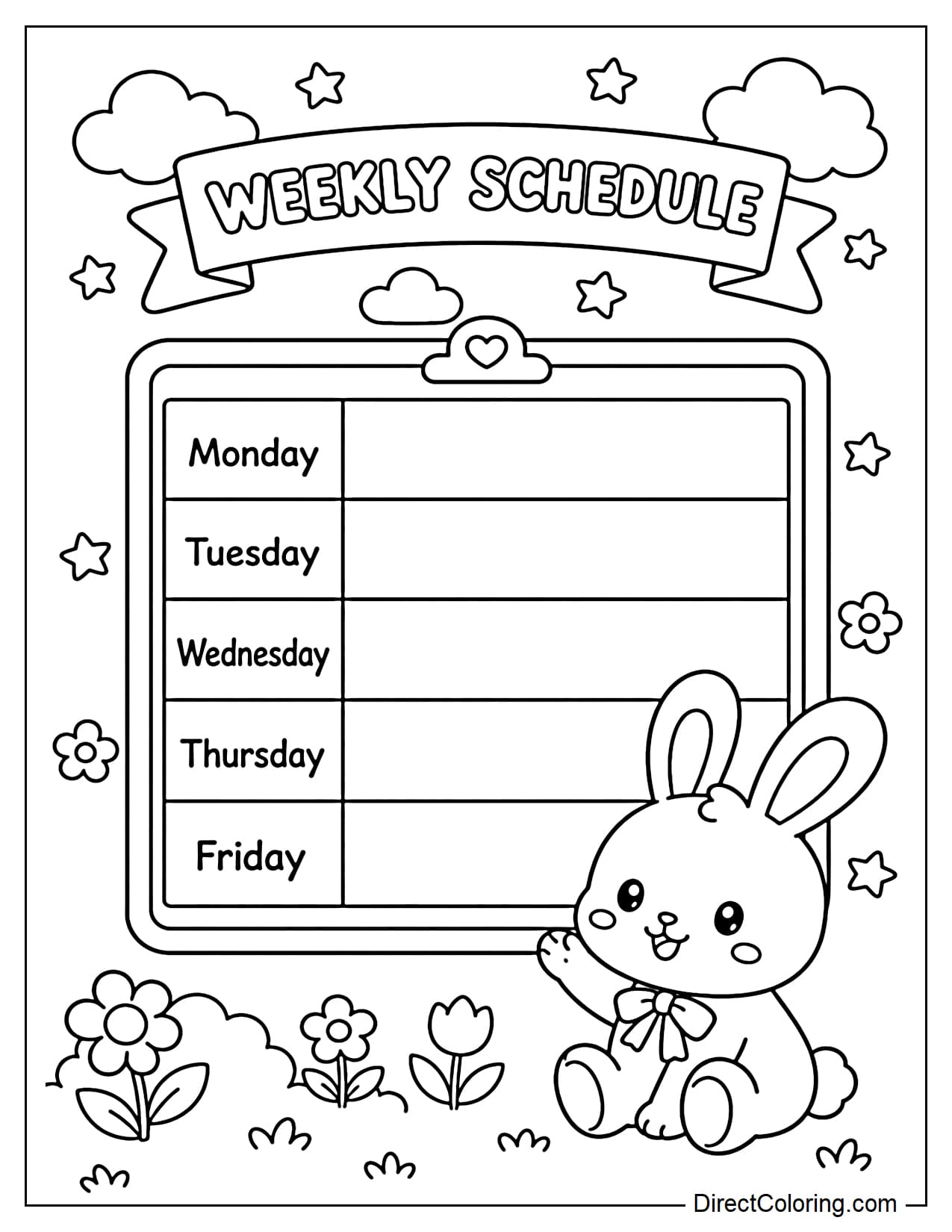 A weekly school schedule featuring a cute bunny sitting next to a schedule board from Monday to Friday, surrounded by little stars, flowers, and clouds.